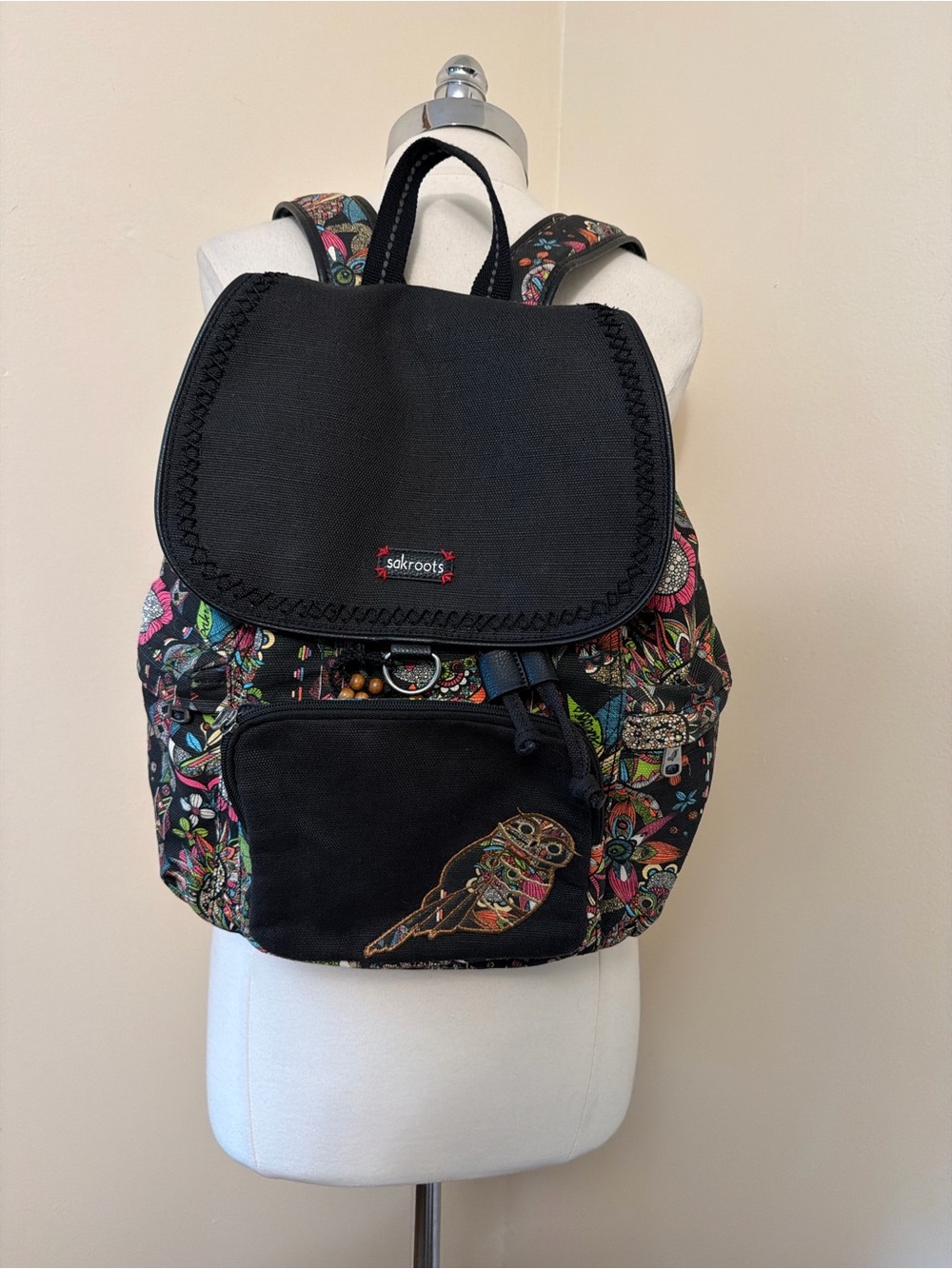 Sakroots Black Canvas Owl & Floral Backpack & Case